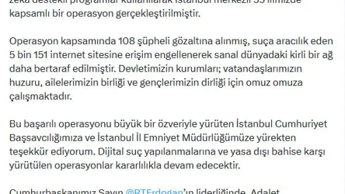 Bakan Gürlek: Dijital suç yapılanmalarına karşı yürütülen operasyonlar kararlılıkla devam edecek